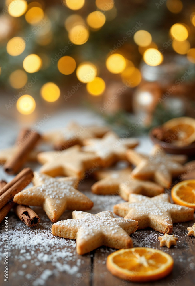 Christmas cookies, cinnamon sticks, and dried orange slices on a wooden surface with holiday lights.
Christmas cookies, cinnamon sticks, and dried orange slices on a wooden surface with holiday lights.