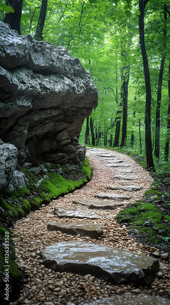 Fototapeta premium Curving behind a large rock formation is a forest-lined path