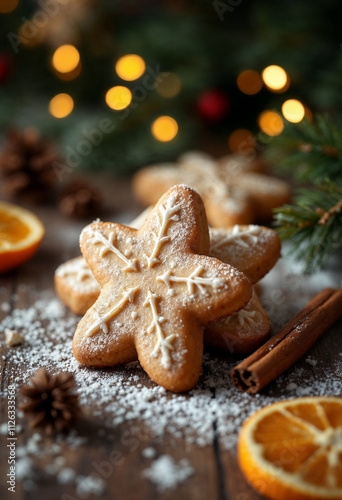 Christmas cookies, cinnamon sticks, and dried orange slices on a wooden surface with holiday lights.

 photo