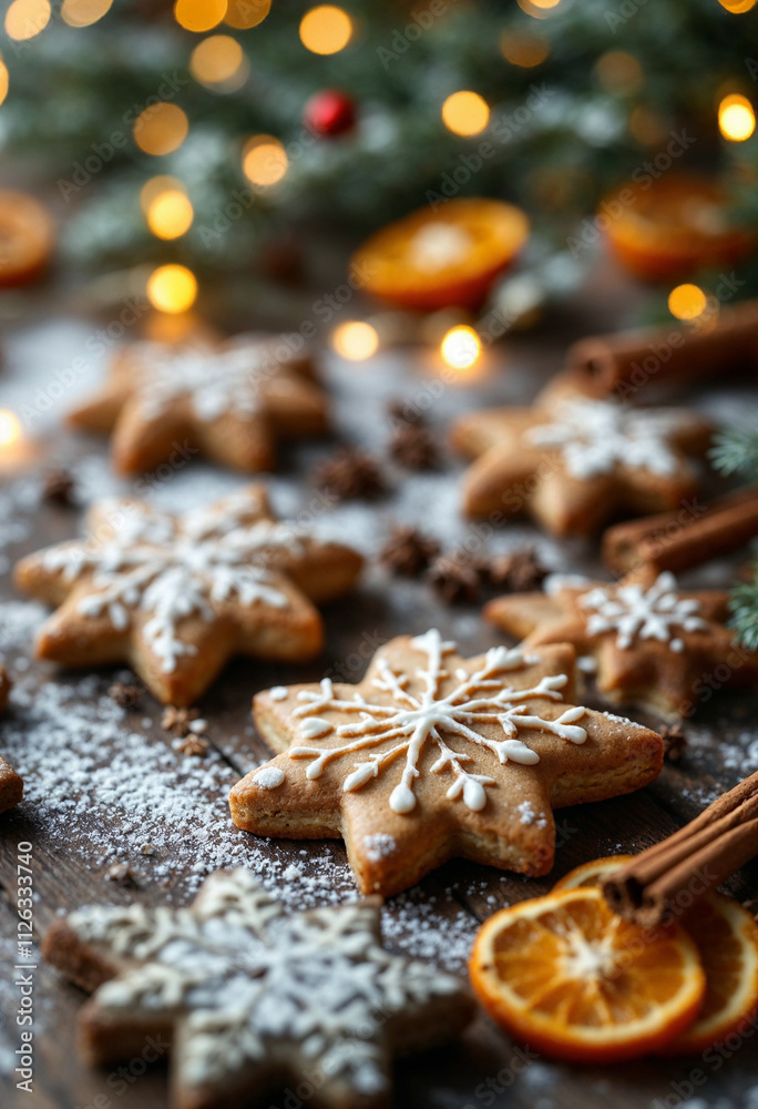 Christmas cookies, cinnamon sticks, and dried orange slices on a wooden surface with holiday lights.

