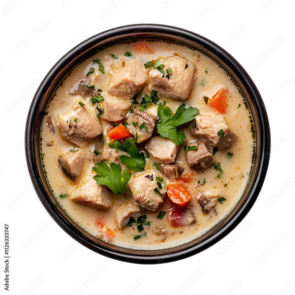 Extreme top view of hyperrealistic creamy chicken stew in a dark glass bowl isolated on a white background well lit sharp focus. Extreme top view of hyperrealistic creamy chicken stew in a dark glass bowl isolated on a white background well lit sharp focus.
