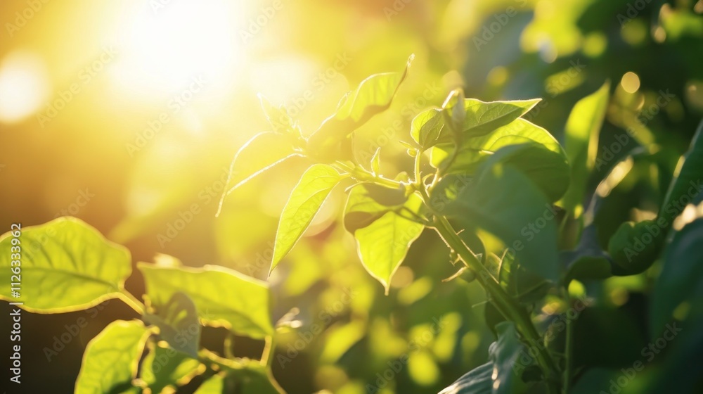 Sunlight shining through vibrant green leaves in a lush environment. Sunlight shining through vibrant green leaves in a lush environment.