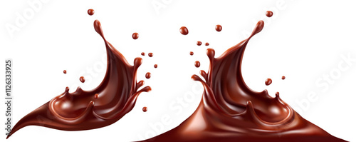 Sweet milk chocolate splash with drops, bubbles and blots. Melting liquid fluid crown drops. Isolated on white background. Vector illustration.