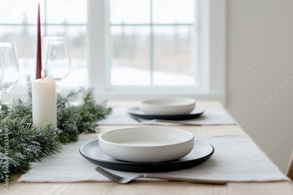 Minimalist holiday table setting with candles and evergreens in snowy landscape Minimalist holiday table setting with candles and evergreens in snowy landscape