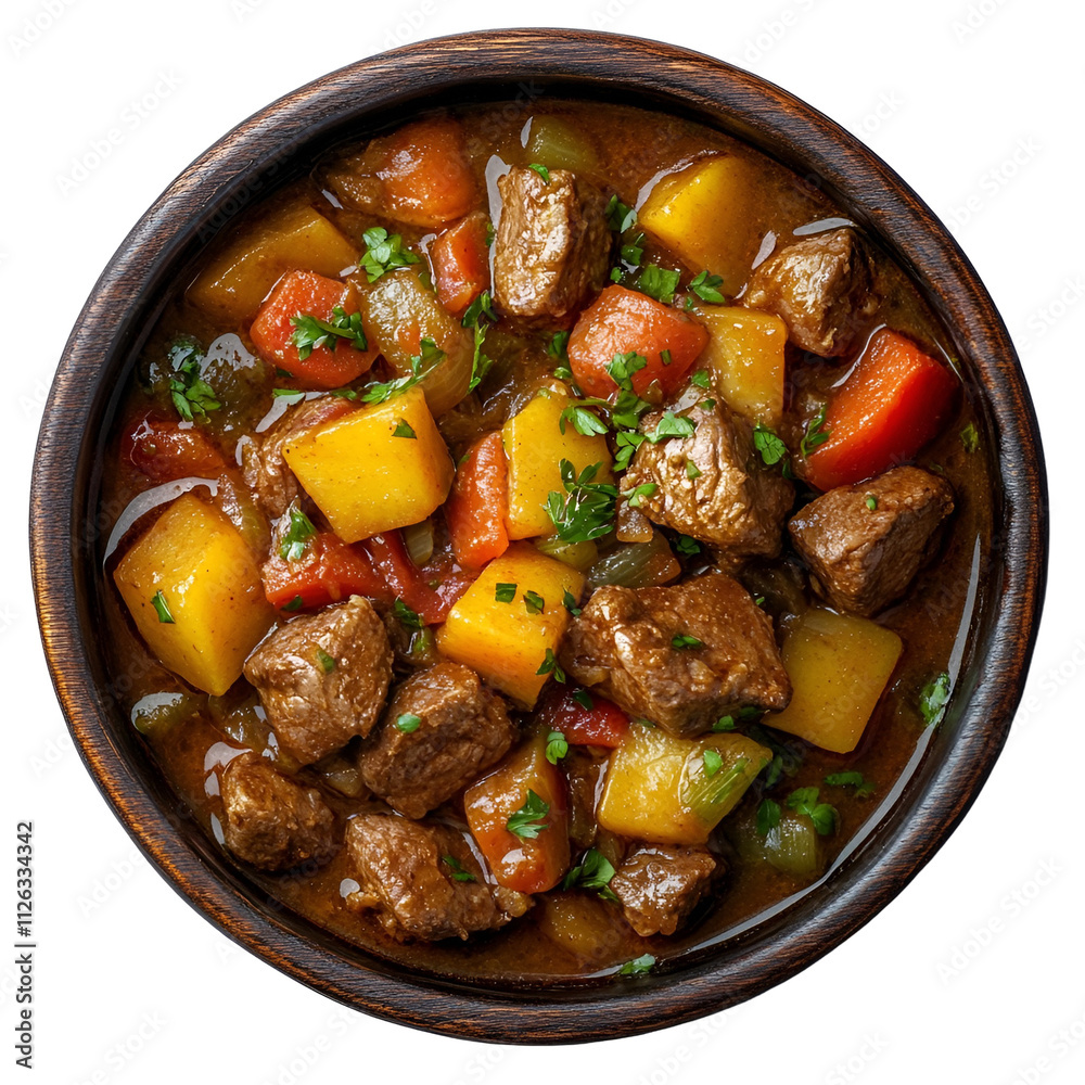 Extreme top view of hyperrealistic lamb stew in a dark wooden bowl isolated on a white background well lit sharp focus. Extreme top view of hyperrealistic lamb stew in a dark wooden bowl isolated on a white background well lit sharp focus.