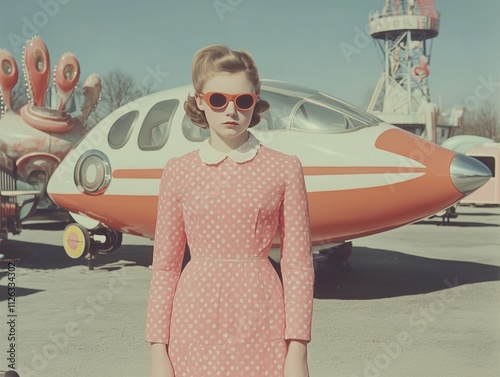 Retro Futurism: A young woman in a vintage dress and sunglasses stands confidently in front of a futuristic spaceship. Her expression is both curious and resolute.