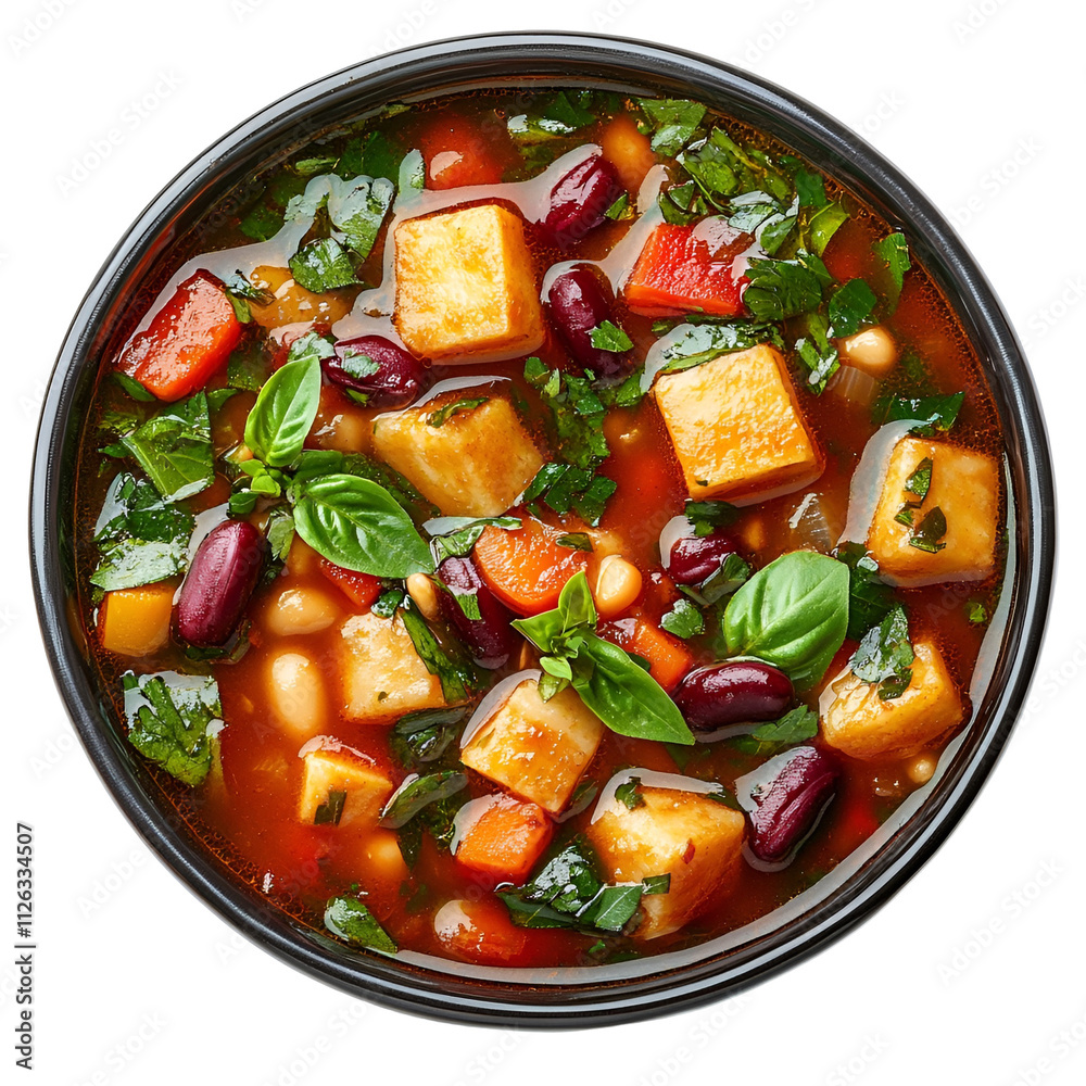 Extreme top view of hyperrealistic minestrone stew in a dark glass bowl isolated on a white background well lit sharp focus.