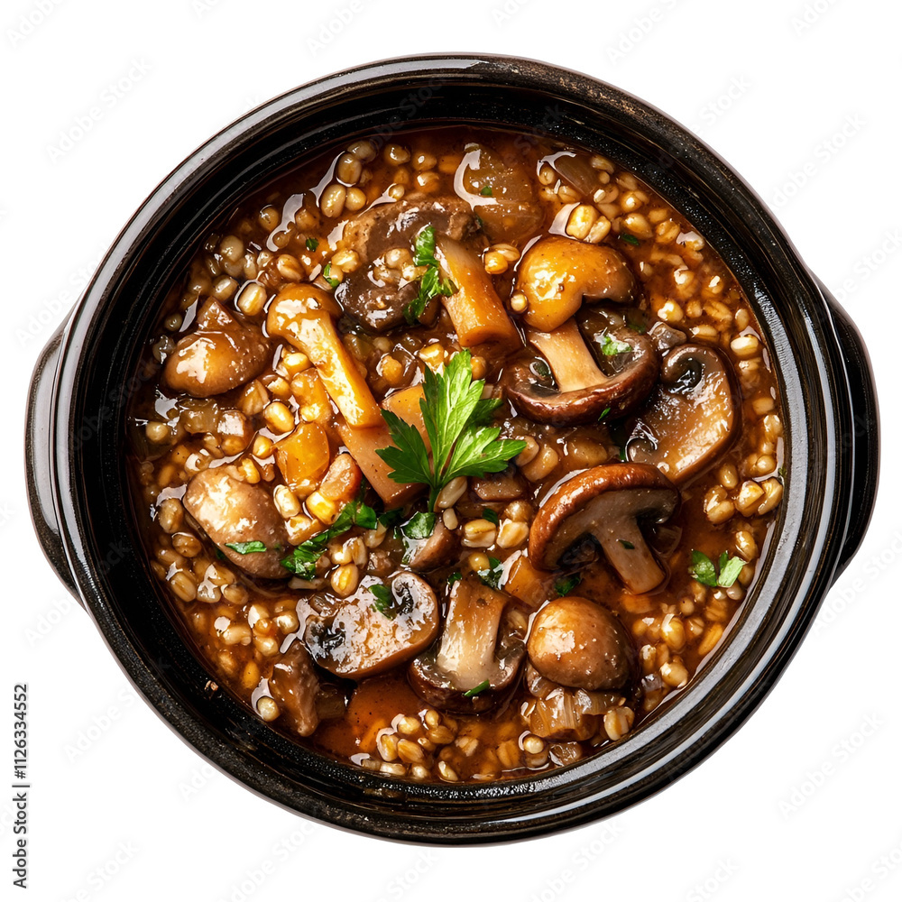 Extreme top view of hyperrealistic mushroom barley stew in a dark stoneware pot isolated on a white background well lit sharp focus. Extreme top view of hyperrealistic mushroom barley stew in a dark stoneware pot isolated on a white background well lit sharp focus.