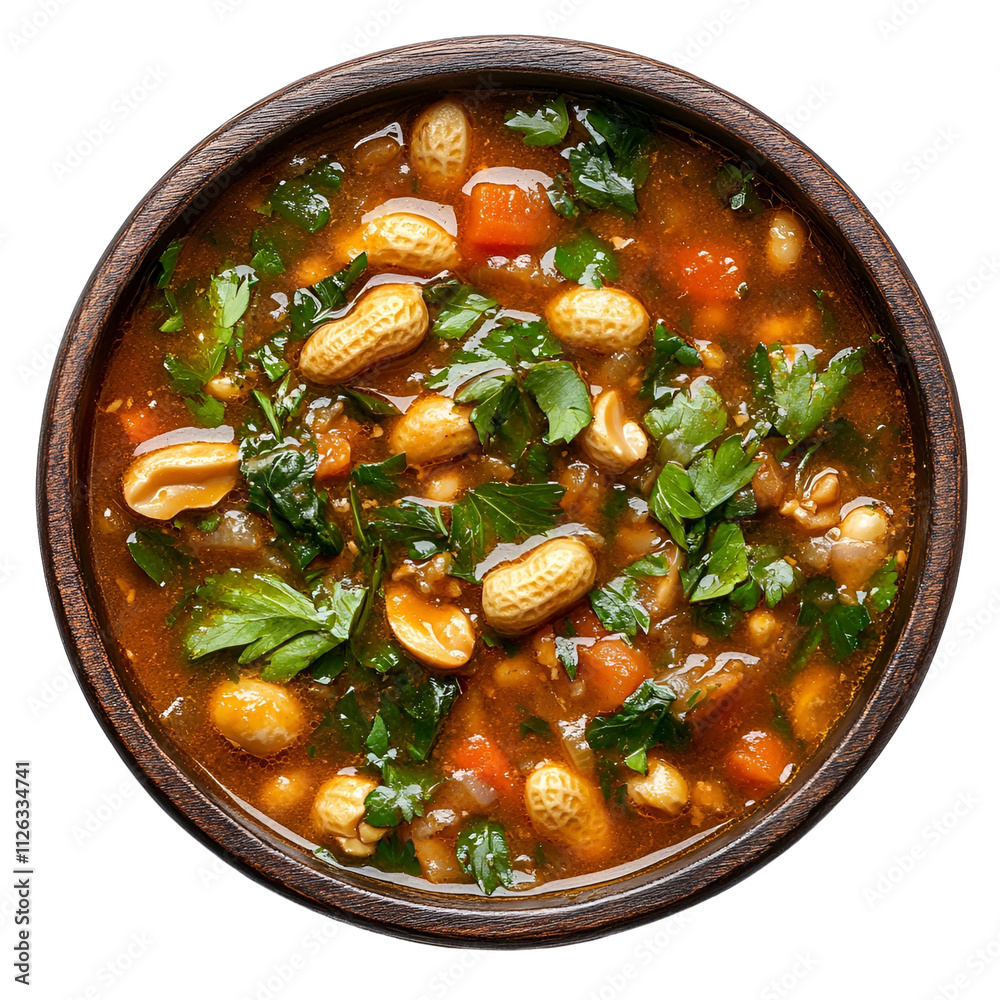 Extreme top view of hyperrealistic peanut stew in a dark wooden bowl isolated on a white background well lit sharp focus. Extreme top view of hyperrealistic peanut stew in a dark wooden bowl isolated on a white background well lit sharp focus.