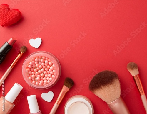 Creative holiday celebration concept photo of cosmetics makeup beauty products lipstick powder brushes with valentines day decorations and hearts on red background.	