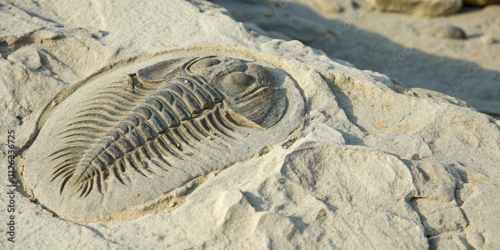 Fossil trilobite impression in fine grain sediment, ancient creature, fossil record, Cambrian era fossil, arthropod Fossil trilobite impression in fine grain sediment, ancient creature, fossil record, Cambrian era fossil, arthropod