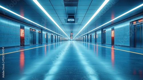 Modern underground station with bright neon lights and reflective floor creating a vibrant atmosphere during evening hours