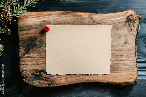 Beige blank note, postcard on a wooden board, red pin. Design banner template mockup for branding, invitations, advertising and menu with space for text. Vintage, wooden rustic style. photo