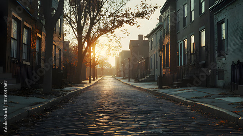 a street with a brick sidewalk and a tree with the sun setting behind it. Generative AI