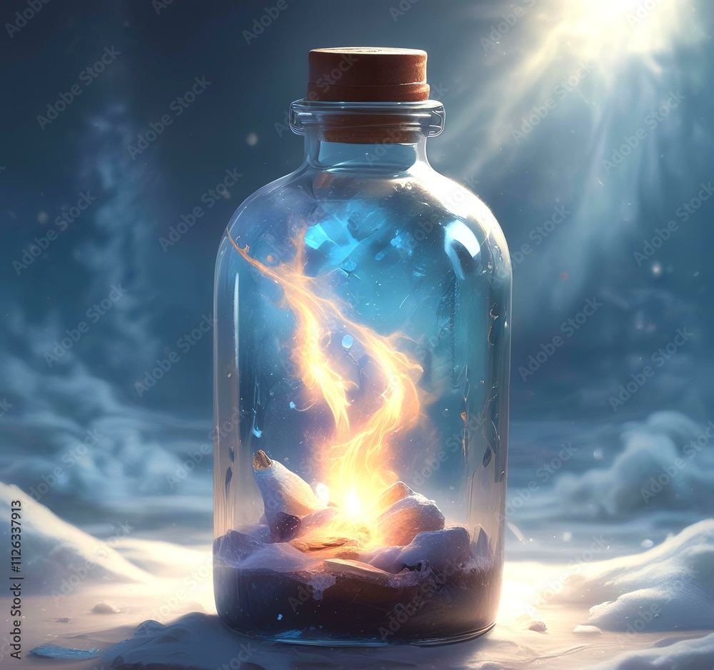 Illustration of bottle with magic spark inside. Illustration of bottle with magic spark inside.
