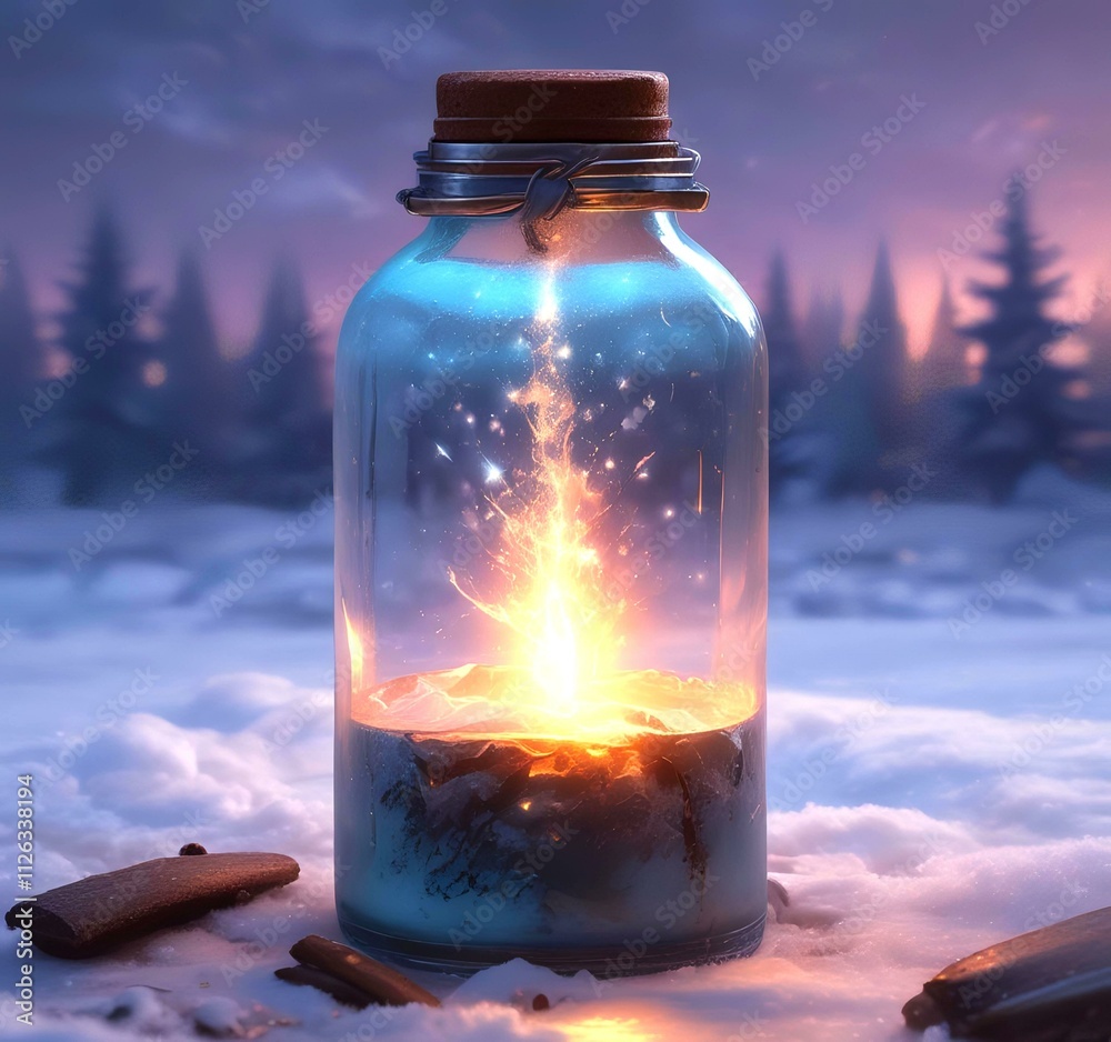 Illustration of bottle with magic spark inside. Illustration of bottle with magic spark inside.