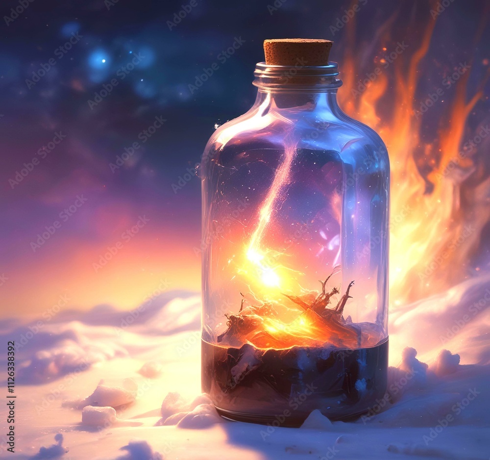 Illustration of bottle with magic spark inside. Illustration of bottle with magic spark inside.