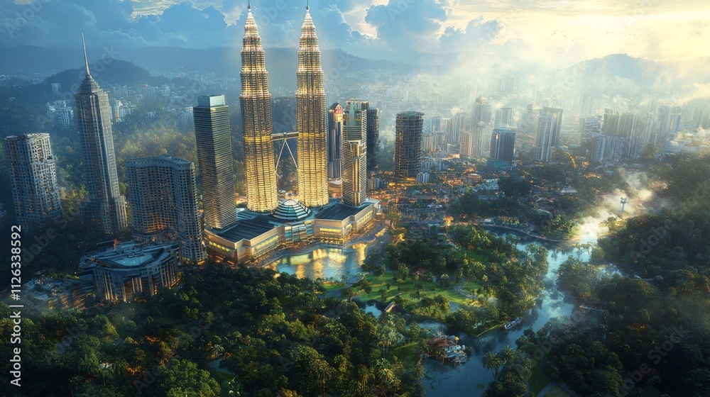 Obraz premium Serene sunrise over Kuala Lumpur iconic towers peaceful reflection