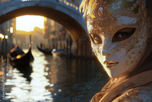 Masked woman in elaborate golden costume at Venice Carnival photo