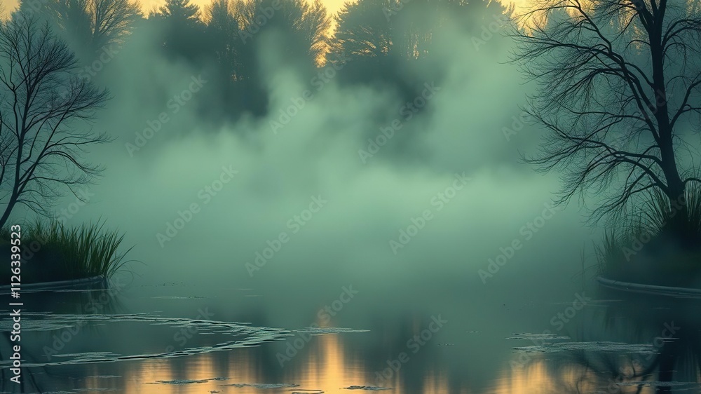 Fototapeta premium Mysterious green mist rising from a tranquil pond at dawn, peaceful atmosphere, serene landscape, forest backdrop