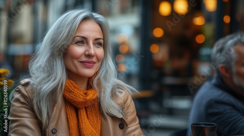 Wallpaper Mural Morning cafe thoughts under the warm light with a serene woman enjoying life on a bustling city street Torontodigital.ca