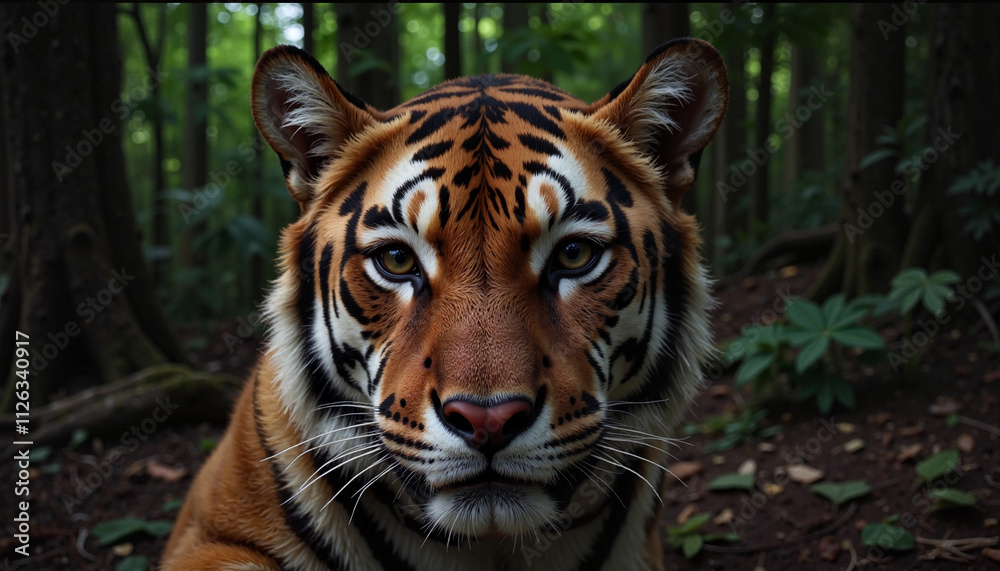 Obraz premium Majestic tiger gazes intensely in lush forest surroundings, capturing the raw beauty of wildlife in its natural habitat