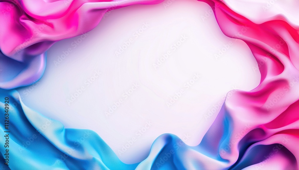 A vibrant frame of pink and blue silky fabric surrounds a blank space, creating an elegant backdrop for various designs. A vibrant frame of pink and blue silky fabric surrounds a blank space, creating an elegant backdrop for various designs.