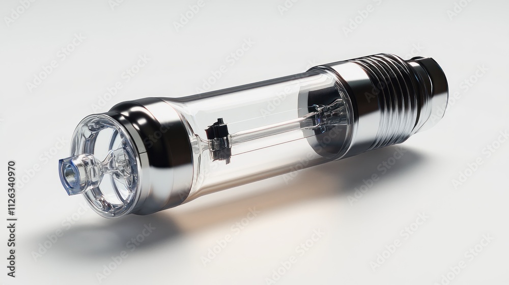 A transparent cylindrical device with metallic ends, likely for vaporization or filtration. A transparent cylindrical device with metallic ends, likely for vaporization or filtration.