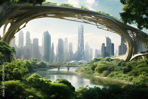 Architecture of the future, a ruined city overgrown with greenery. Concept art, idea for inspiration.
 photo