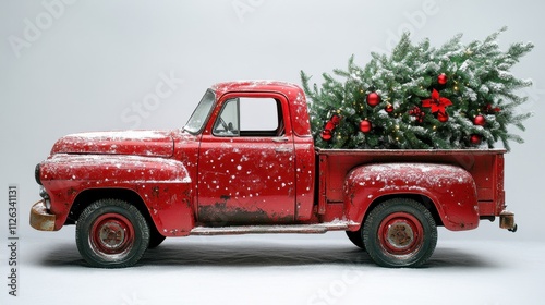 Vintage red pickup truck adorned with Christmas tree and festive decorations in a snowy winter setting