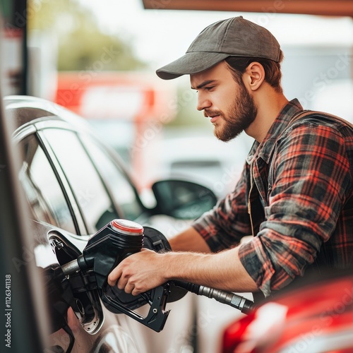 Handsome young man refueling car at gas station. Male filling diesel at gasoline fuel in car using a fuel nozzle. Petrol concept. Side view 