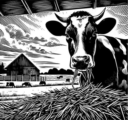 Black and white illustration of a cow standing in a barn, looking out at a field. Cow Eating Hay. In the background, there is a farmhouse and other cows grazing in a field.
