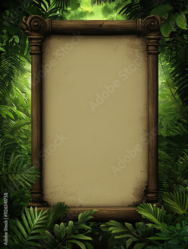 Ornate Wooden Scroll Design in a Vibrant Jungle Environment photo