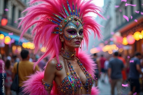Vibrant carnival costume on young female in street parade celebrating culture