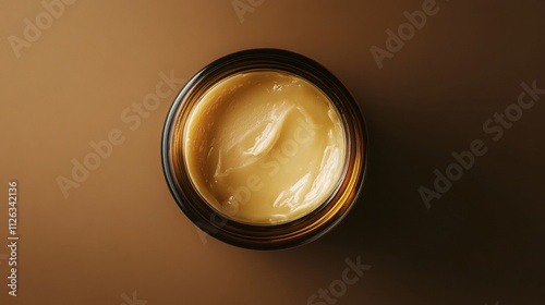 Top view of an amber jar with cream, styled against a warm brown background. 