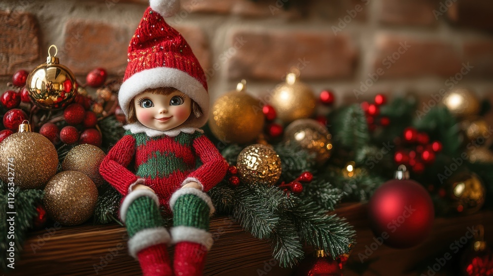 A festive elf doll in a red and green outfit sits amidst colorful Christmas decorations, evoking holiday cheer and nostalgia. A festive elf doll in a red and green outfit sits amidst colorful Christmas decorations, evoking holiday cheer and nostalgia.