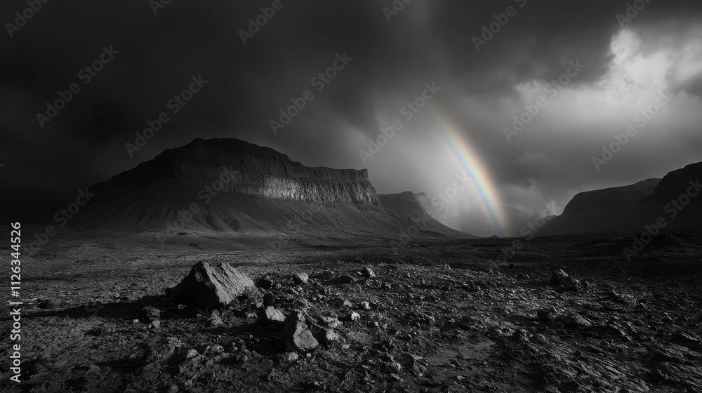 Fototapeta premium Dramatic Black and White Landscape with Mountains and Rainbow Under Stormy Sky in Remote Wilderness Area