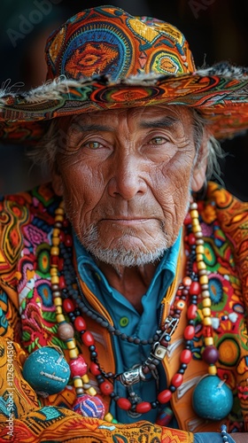 Colorful Portrait of an Elderly Man in Traditional Kazakh Clothing and Hat