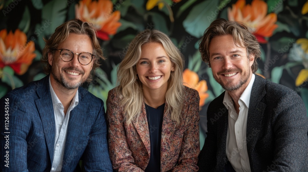 Lively gathering of three friends in an elegant setting with vibrant floral backdrop radiating joy and connection in an artistic atmosphere Lively gathering of three friends in an elegant setting with vibrant floral backdrop radiating joy and connection in an artistic atmosphere