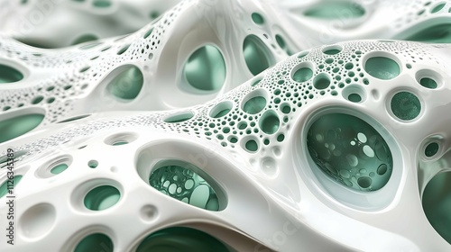 The image depicts a close-up view of abstract, organic structures with a glossy white surface and green accents, resembling cellular formations or a fluid, textured landscape. photo