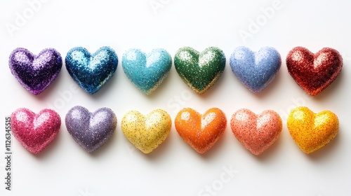 Colorful glittery heart-shaped decorations arranged beautifully in a vibrant display