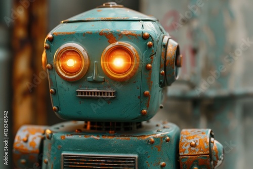 Vintage robot with glowing red eyes and colorful lights stands out against a backdrop of soft, blurred bokeh at a nighttime event