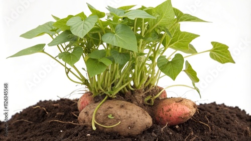 Sweet potato sprouts growing from the base of a mature plant, agriculture, sweet potato, farm scene, natural light, verdant fields photo