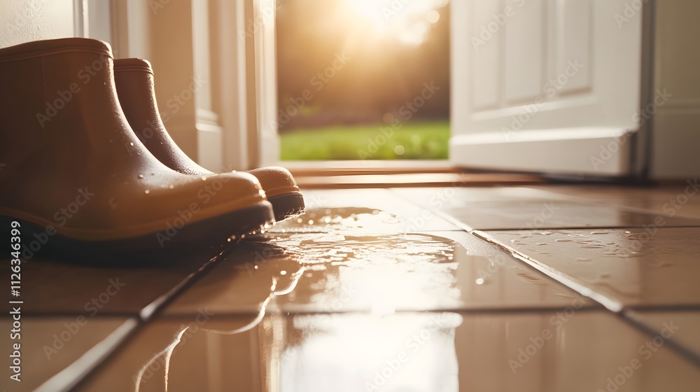 Fototapeta premium A pair of boots rest near the door and a small puddle of water reflects on the tile floor. Generative AI 