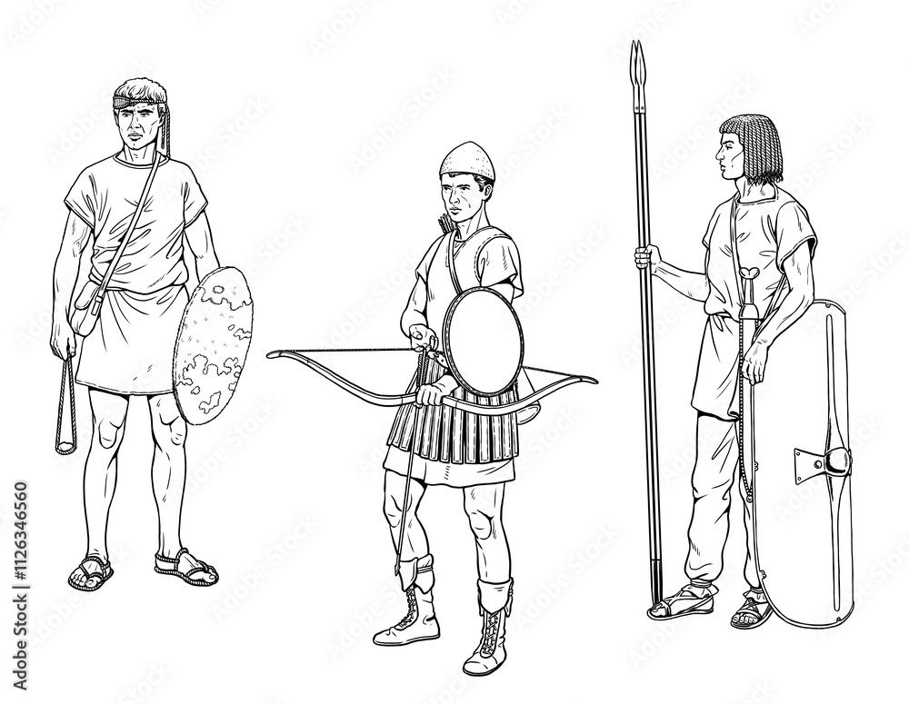 custom made wallpaper toronto digitalHistorical drawing with ancient warriors: archer, slinger and soldier with spear.
