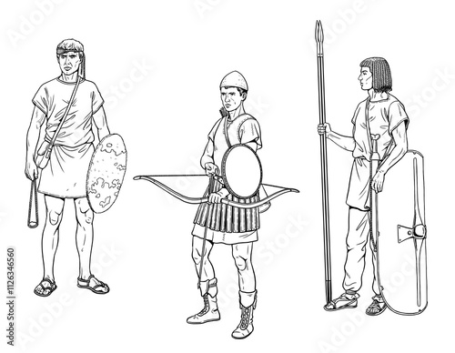 Historical drawing with ancient warriors: archer, slinger and soldier with spear.
