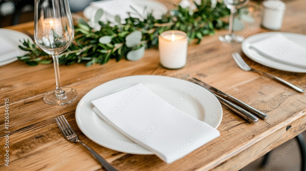 Elegant winter table setting with burning candle and greenery Elegant winter table setting with burning candle and greenery