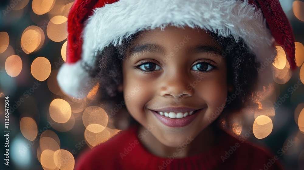 Smiling child in a festive Santa hat celebrates the joy of Christmas with sparkling lights in the background Smiling child in a festive Santa hat celebrates the joy of Christmas with sparkling lights in the background