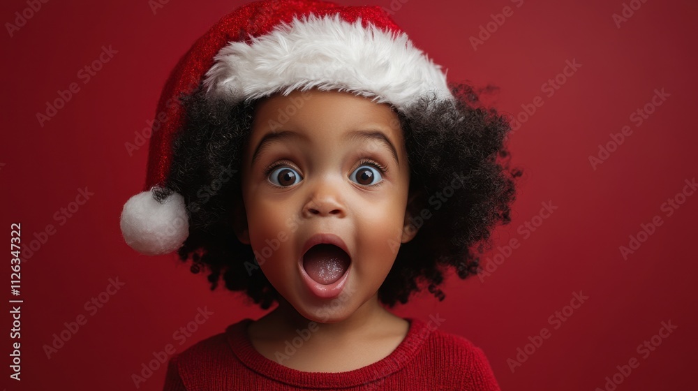 Joyful child wearing a fluffy Christmas hat expresses excitement during holiday celebrations Joyful child wearing a fluffy Christmas hat expresses excitement during holiday celebrations