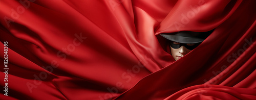 Intriguingly detailed zorro mask concealed within vibrant red fabric against a contrasting backdrop photo